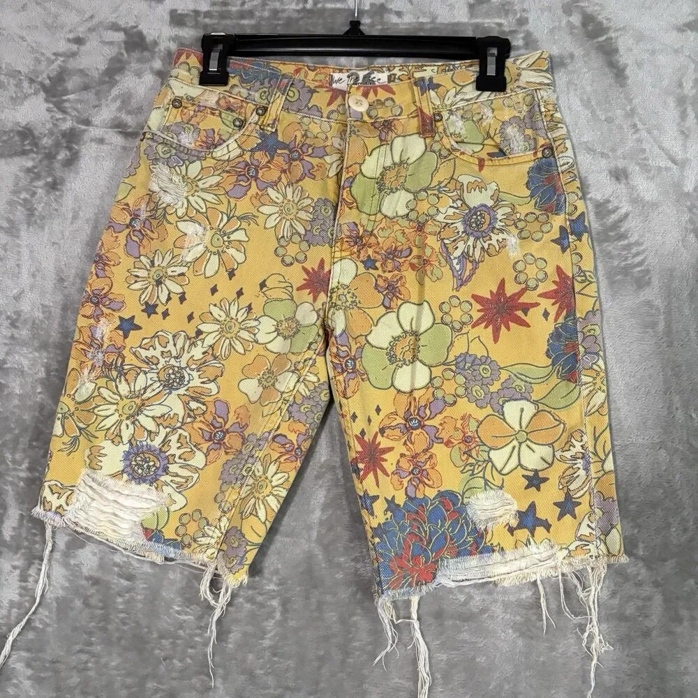 We The Free Yellow Floral Denim Distressed Bermuda Shorts 27 Free People Boho